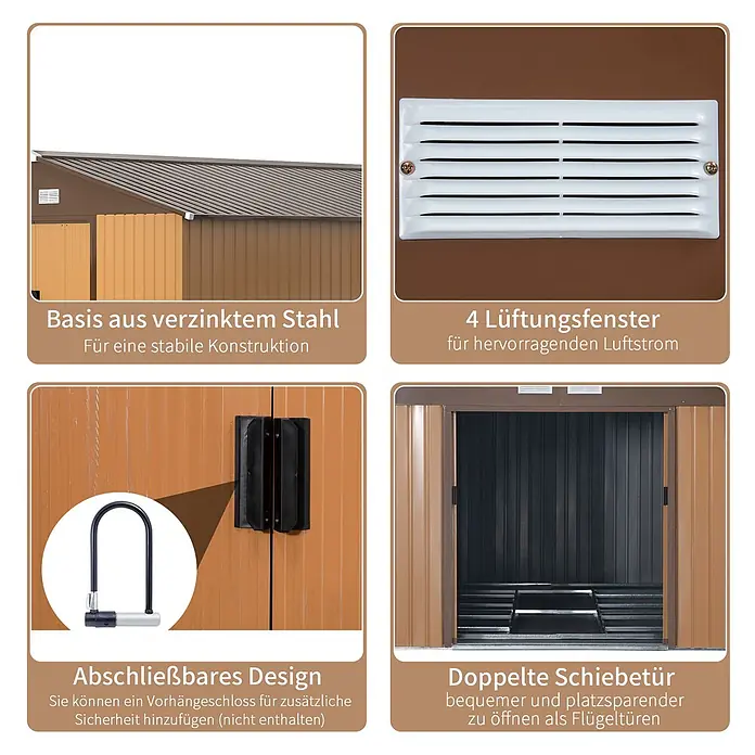 SONNENH Gerätehaus - Außenbreite inkl. Dachüberstand: 340 cm, Außentiefe inkl. Dachüberstand: 386 cm, Stahl, Gelb - Vier Tafeln zeigen Merkmale eines braunen Metall-Gartenschuppens: verzinkter Stahlboden, Lüftungsgitter, abschließbare Tür mit Bügelschloss und doppelte Schiebetüren.