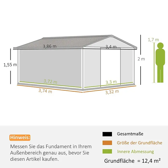 SONNENH Gerätehaus - Außenbreite inkl. Dachüberstand: 340 cm, Außentiefe inkl. Dachüberstand: 386 cm, Stahl, Gelb - Maßzeichnung eines grauen Metallgartenhauses mit Außen-, Innen- und Grundflächenmaßen sowie einer menschlichen Figur zum Größenvergleich.