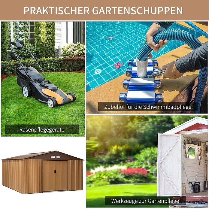 SONNENH Gerätehaus - Außenbreite inkl. Dachüberstand: 340 cm, Außentiefe inkl. Dachüberstand: 386 cm, Stahl, Gelb - Brauner Metall-Gartenschuppen zur Aufbewahrung verschiedener Garten- und Poolpflegegeräte, dargestellt durch Rasenmäher, Poolreiniger und Werkzeuge.
