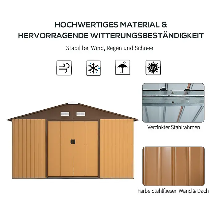 SONNENH Gerätehaus - Außenbreite inkl. Dachüberstand: 340 cm, Außentiefe inkl. Dachüberstand: 386 cm, Stahl, Gelb - Brauner Geräteschuppen aus verzinktem Stahl mit Stahlfliesenwand und Dach, wetterbeständig gegen Wind, Regen, Schnee und UV.