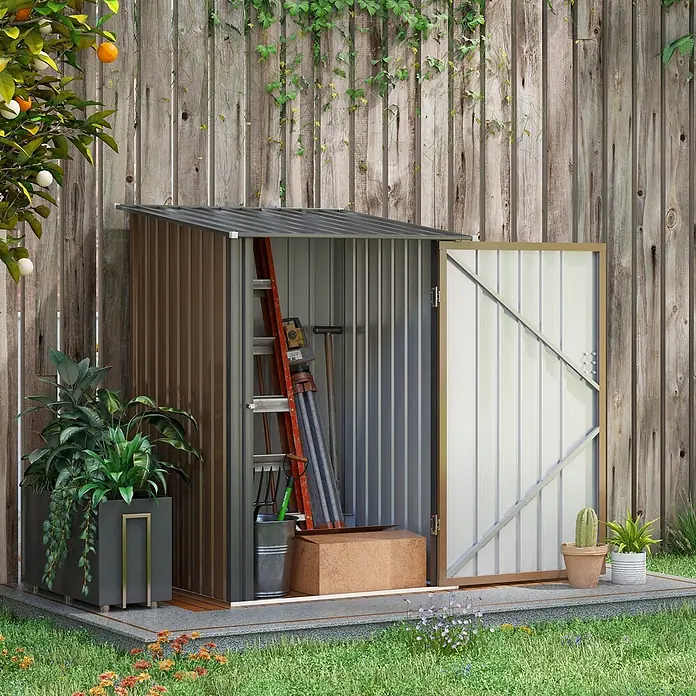 SONNENH Gerätehaus - Außenbreite inkl. Dachüberstand: 100 cm, Außentiefe inkl. Dachüberstand: 103 cm, Stahl, Braun