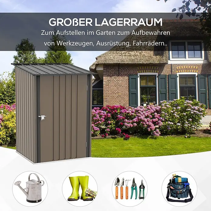 SONNENH Gerätehaus - Außenbreite inkl. Dachüberstand: 100 cm, Außentiefe inkl. Dachüberstand: 103 cm, Stahl, Braun