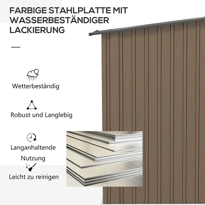 SONNENH Gerätehaus - Außenbreite inkl. Dachüberstand: 100 cm, Außentiefe inkl. Dachüberstand: 103 cm, Stahl, Braun