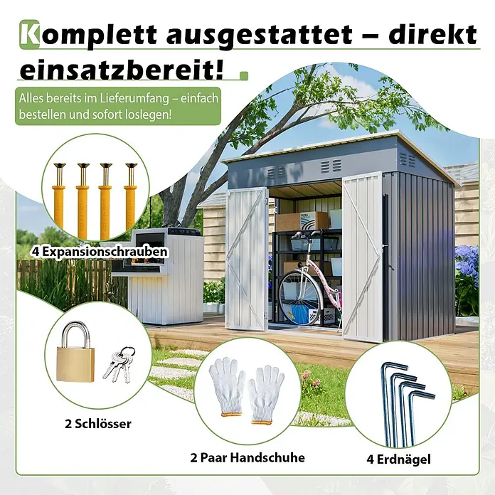 SONNENH Gerätehaus - Außenbreite inkl. Dachüberstand: 242 cm, Außentiefe inkl. Dachüberstand: 120 cm, Metall, Grau