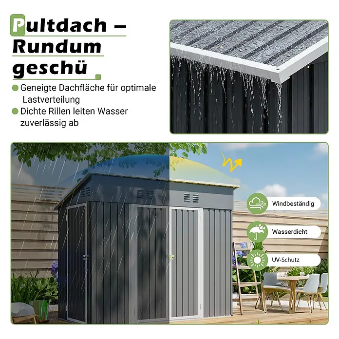 SONNENH Gerätehaus - Außenbreite inkl. Dachüberstand: 242 cm, Außentiefe inkl. Dachüberstand: 120 cm, Metall, Grau