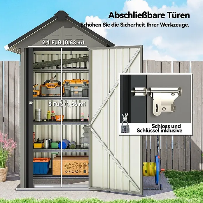 SONNENH Gerätehaus - Außenbreite inkl. Dachüberstand: 122 cm, Außentiefe inkl. Dachüberstand: 121 cm, Metall, Grau