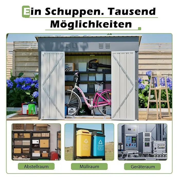 SONNENH Gerätehaus - Außenbreite inkl. Dachüberstand: 242 cm, Außentiefe inkl. Dachüberstand: 120 cm, Metall, Grau