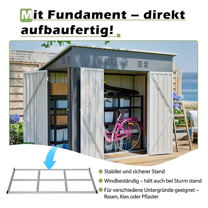 SONNENH Gerätehaus - Außenbreite inkl. Dachüberstand: 242 cm, Außentiefe inkl. Dachüberstand: 120 cm, Metall, Grau