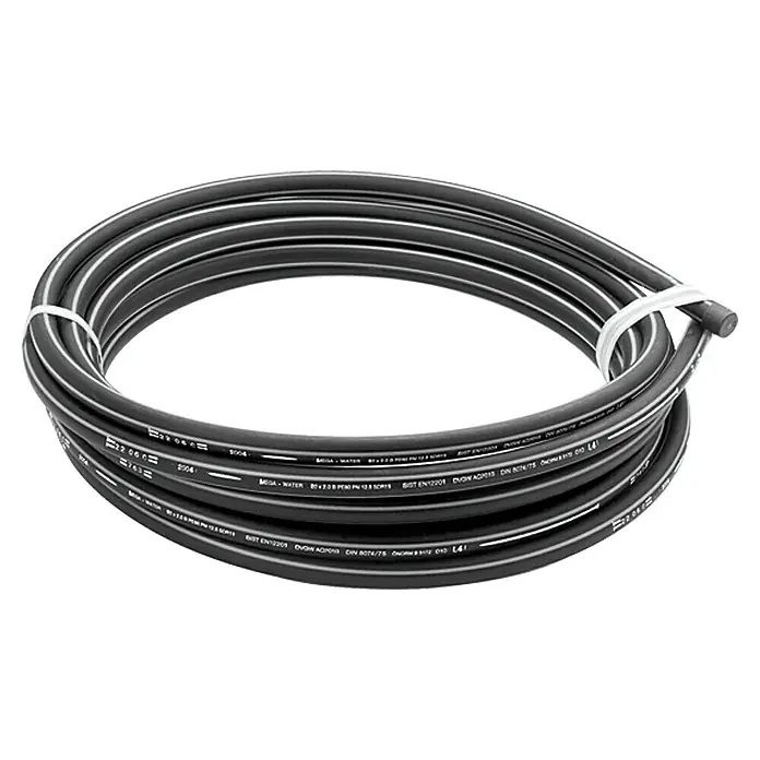 HDPE-Rohr - Ø x L: 25 mm x 5 m - Eine Rolle schwarzer MEGA-WATER-Wasserschlauch, der mit einem Kabelbinder zusammengehalten wird, ideal für verschiedenste Anwendungen.