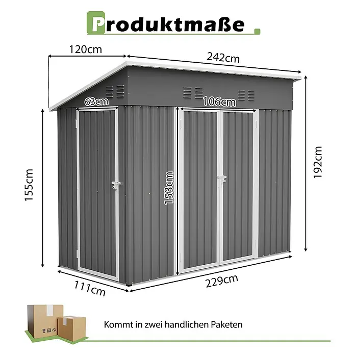 SONNENH Gerätehaus - Außenbreite inkl. Dachüberstand: 242 cm, Außentiefe inkl. Dachüberstand: 120 cm, Metall, Grau