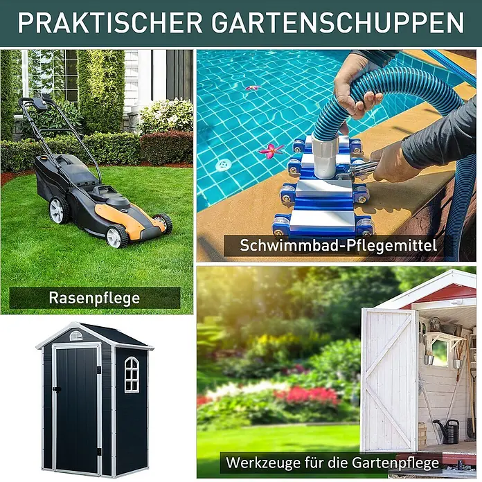 SONNENH Gerätehaus - Außenbreite inkl. Dachüberstand: 134 cm, Außentiefe inkl. Dachüberstand: 104 cm, Metall, Grau