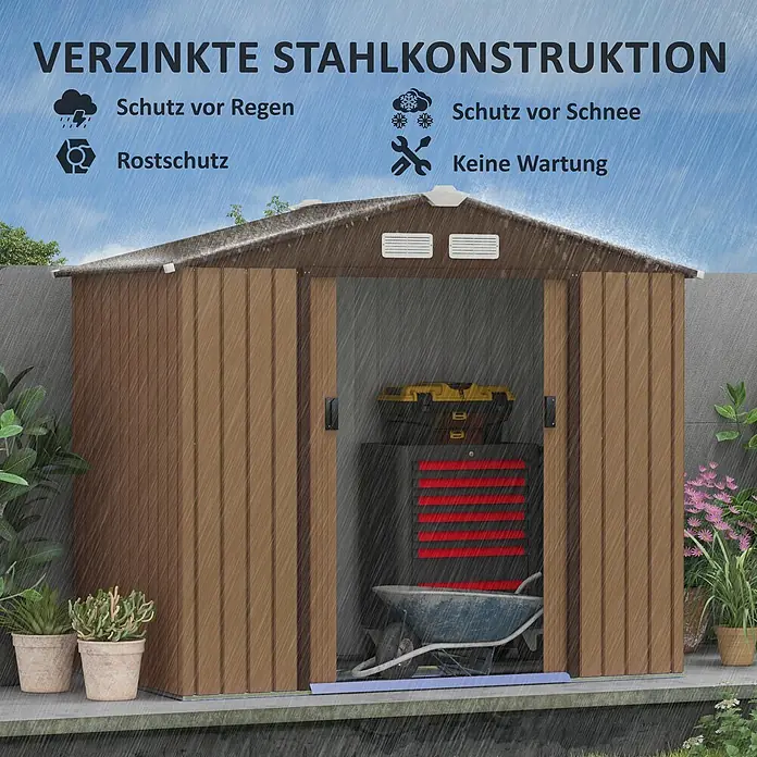 SONNENH Gerätehaus - Außenbreite inkl. Dachüberstand: 213 cm, Außentiefe inkl. Dachüberstand: 130 cm, Stahl, Braun