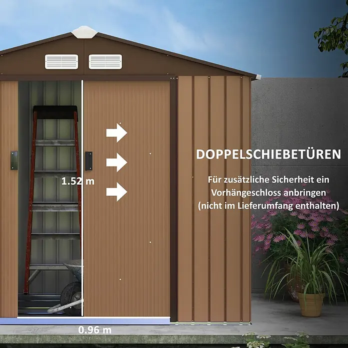 SONNENH Gerätehaus - Außenbreite inkl. Dachüberstand: 213 cm, Außentiefe inkl. Dachüberstand: 130 cm, Stahl, Braun