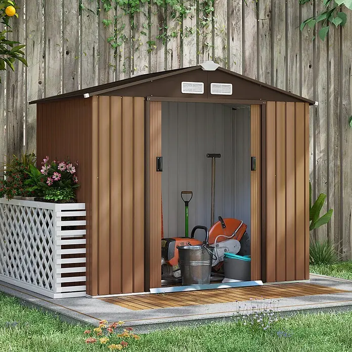 SONNENH Gerätehaus - Außenbreite inkl. Dachüberstand: 213 cm, Außentiefe inkl. Dachüberstand: 130 cm, Stahl, Braun