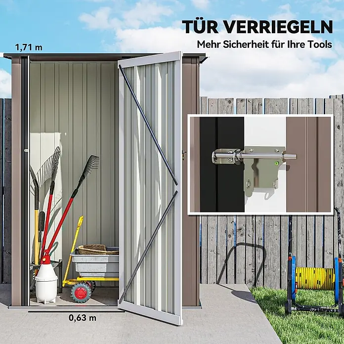 SONNENH Gerätehaus - Außenbreite inkl. Dachüberstand: 142 cm, Außentiefe inkl. Dachüberstand: 84 cm, Metall, Braun