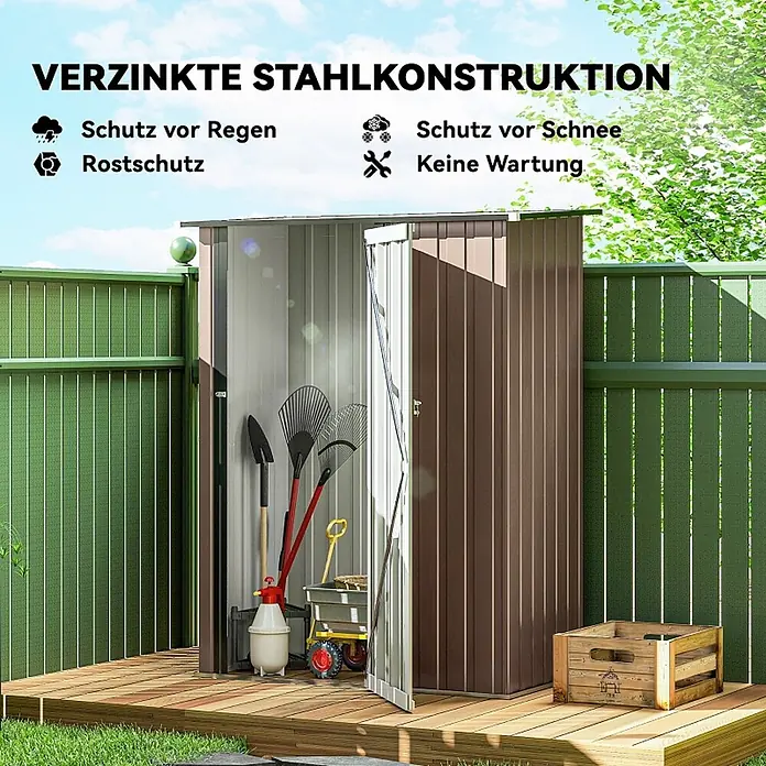 SONNENH Gerätehaus - Außenbreite inkl. Dachüberstand: 142 cm, Außentiefe inkl. Dachüberstand: 84 cm, Metall, Braun
