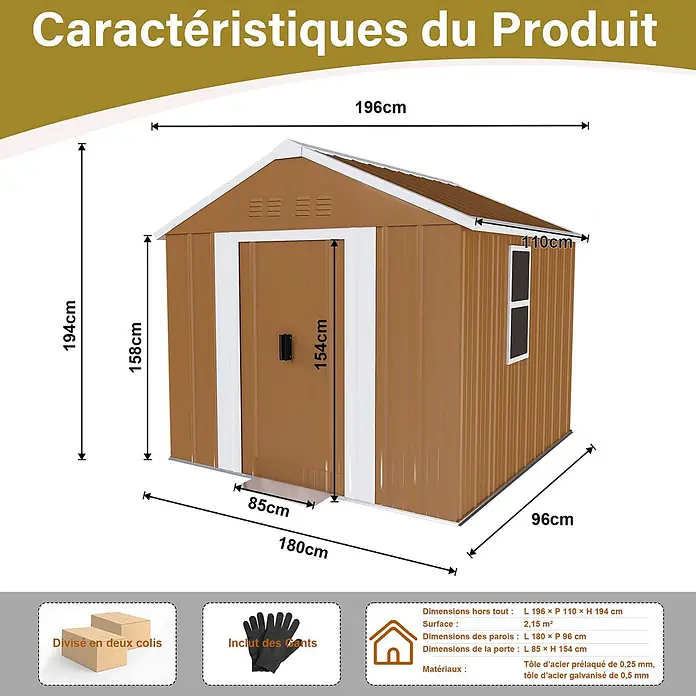 SONNENH Gerätehaus - Außenbreite inkl. Dachüberstand: 180 cm, Außentiefe inkl. Dachüberstand: 96 cm, Metall, Braun