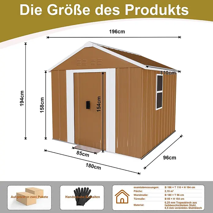 SONNENH Gerätehaus - Außenbreite inkl. Dachüberstand: 180 cm, Außentiefe inkl. Dachüberstand: 96 cm, Metall, Braun