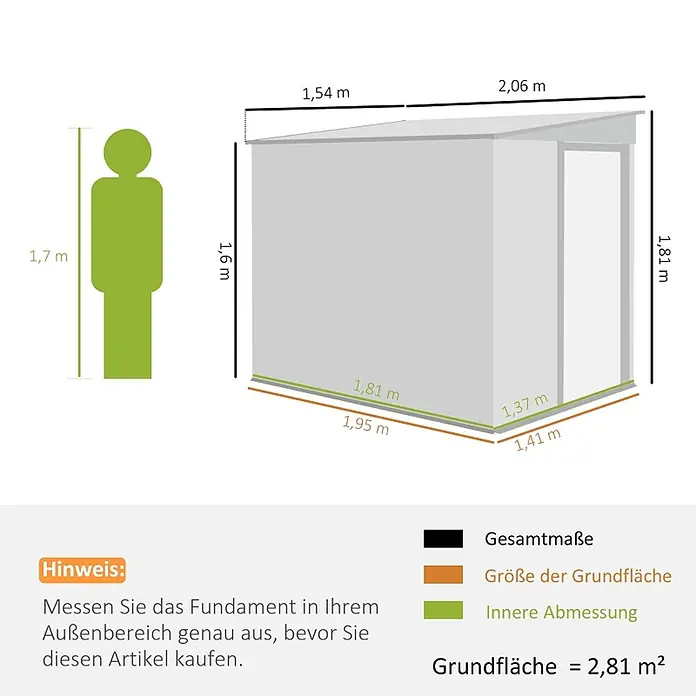 SONNENH Gerätehaus - Außenbreite inkl. Dachüberstand: 154 cm, Außentiefe inkl. Dachüberstand: 206,5 cm, Stahl, Grau