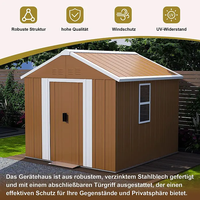 SONNENH Gerätehaus - Außenbreite inkl. Dachüberstand: 180 cm, Außentiefe inkl. Dachüberstand: 96 cm, Metall, Braun