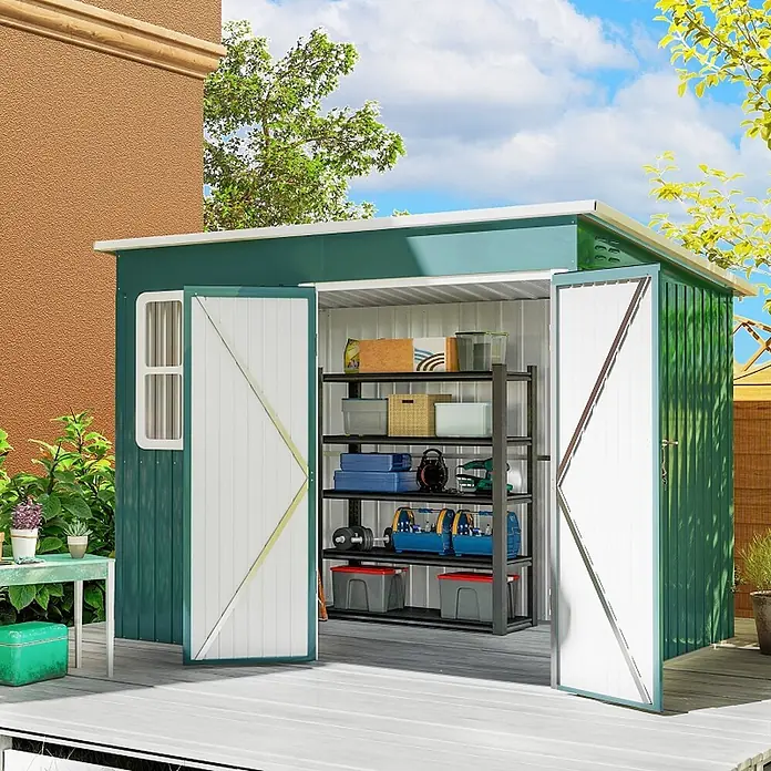 SONNENH Gerätehaus - Außenbreite inkl. Dachüberstand: 260 cm, Außentiefe inkl. Dachüberstand: 177 cm, Stahl, Grün
