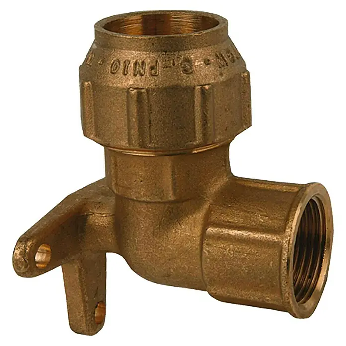 HDPE-Wandscheibe - Durchmesser: 25 mm, Innengewinde: ¾″, Messing - Ein Messing-Wasserhahn mit einer Aufnahme und einem seitlichen Befestigungsarm. Ideal für Sanitärinstallationen und den Wasseranschluss.