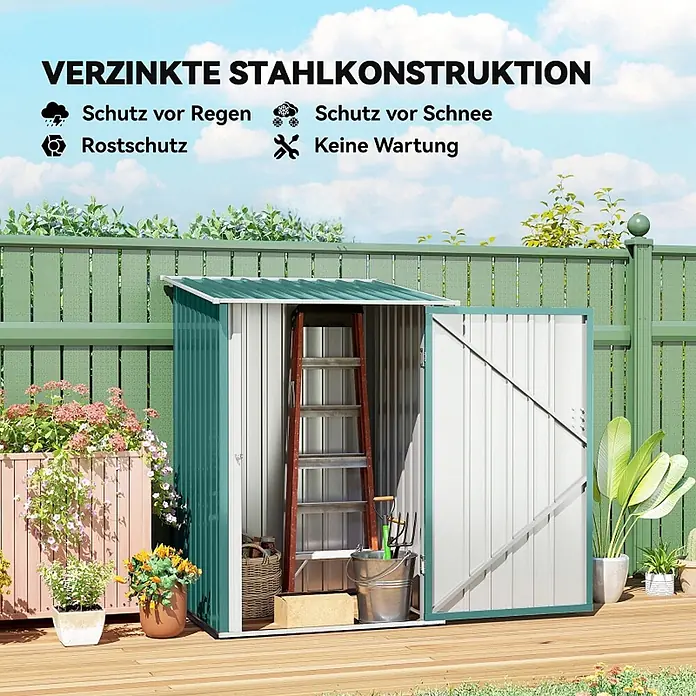 SONNENH Gerätehaus - Außenbreite inkl. Dachüberstand: 100 cm, Außentiefe inkl. Dachüberstand: 103 cm, Stahl, Grün