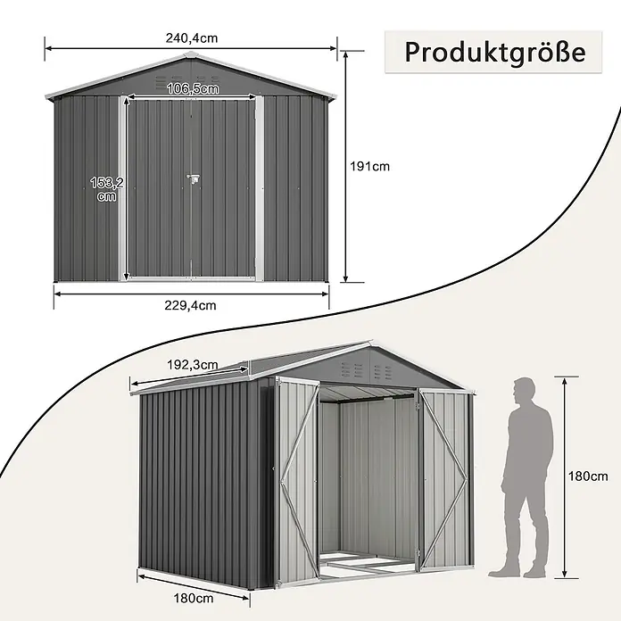 SONNENH Gerätehaus - Außenbreite inkl. Dachüberstand: 240,4 cm, Außentiefe inkl. Dachüberstand: 192,3 cm, Metall, Grau - Grauer Metall-Gartenschuppen mit geöffneten Türen, detaillierte Maße und eine Person zum Größenvergleich.