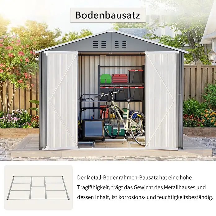 SONNENH Gerätehaus - Außenbreite inkl. Dachüberstand: 240,4 cm, Außentiefe inkl. Dachüberstand: 192,3 cm, Metall, Grau - Metall-Gartenhaus mit offenen Türen, daneben ein Metall-Bodenrahmen-Bausatz.