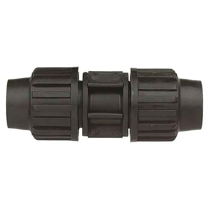 HDPE-Übergangsstück - Durchmesser: 32 mm, Polypropylen - Abbildung eines schwarzen Rohrverbinders, eines wesentlichen Elements für die Installation von Bewässerungsanlagen im Garten.