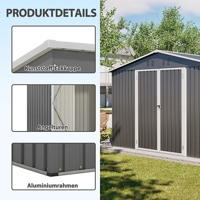 SONNENH Gerätehaus - Außenbreite inkl. Dachüberstand: 300 cm, Außentiefe inkl. Dachüberstand: 311,4 cm, Metall, Grau