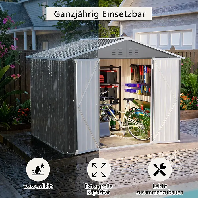 SONNENH Gerätehaus - Außenbreite inkl. Dachüberstand: 240,4 cm, Außentiefe inkl. Dachüberstand: 192,3 cm, Metall, Grau - Grau-weißes Metallgartenhaus, geöffnet mit Fahrrad & Werkzeugen, im Regen, betont Wasserdichtigkeit, große Kapazität & leichte Montage.