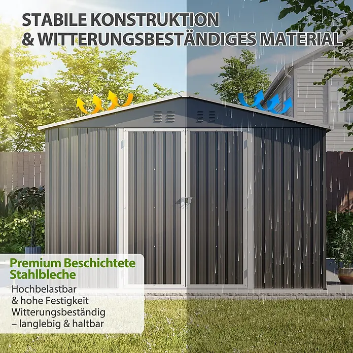 SONNENH Gerätehaus - Außenbreite inkl. Dachüberstand: 300 cm, Außentiefe inkl. Dachüberstand: 311,4 cm, Metall, Grau