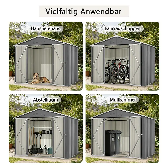SONNENH Gerätehaus - Außenbreite inkl. Dachüberstand: 240,4 cm, Außentiefe inkl. Dachüberstand: 192,3 cm, Metall, Grau - Vielseitiger grau-beiger Metallschuppen als Tierhaus, Fahrradschuppen, Abstellraum und Müllkammer dargestellt.