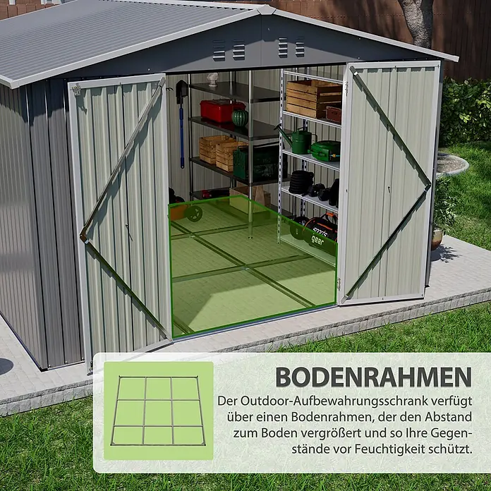 SONNENH Gerätehaus - Außenbreite inkl. Dachüberstand: 300 cm, Außentiefe inkl. Dachüberstand: 311,4 cm, Metall, Grau