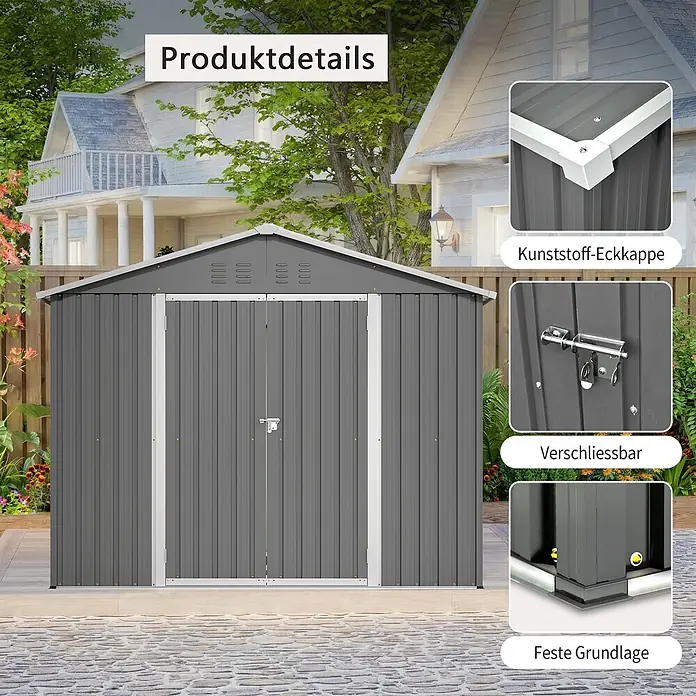 SONNENH Gerätehaus - Außenbreite inkl. Dachüberstand: 240,4 cm, Außentiefe inkl. Dachüberstand: 192,3 cm, Metall, Grau - Dunkelgraues Metall-Gartenhaus mit abschließbaren Doppeltüren, Kunststoff-Eckkappen und festem Fundament.