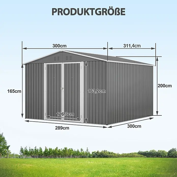 SONNENH Gerätehaus - Außenbreite inkl. Dachüberstand: 300 cm, Außentiefe inkl. Dachüberstand: 311,4 cm, Metall, Grau