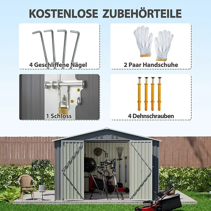 SONNENH Gerätehaus - Außenbreite inkl. Dachüberstand: 300 cm, Außentiefe inkl. Dachüberstand: 311,4 cm, Metall, Grau
