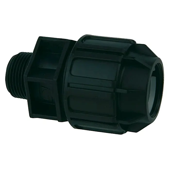 HDPE-Übergangsstück - Durchmesser: 20 mm, Außengewinde: ½″, Polypropylen - Schwarzes Kunststoffrohrverbindungsstück mit Gewindeanschluss für zuverlässige Installationen.