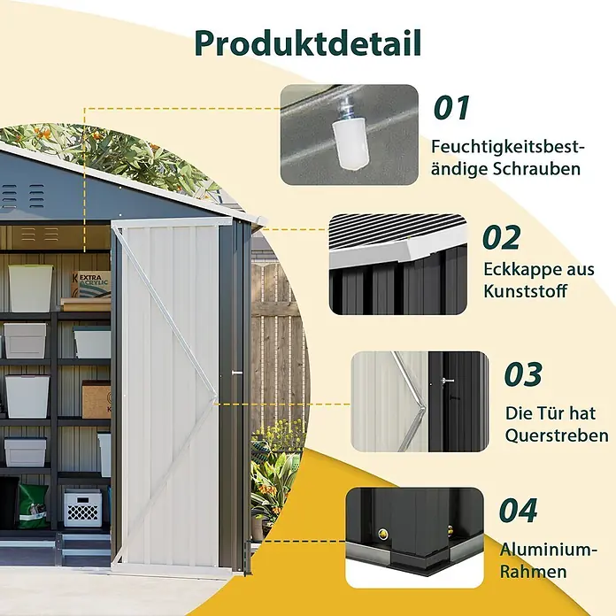 SONNENH Gerätehaus - Außenbreite inkl. Dachüberstand: 240,4 cm, Außentiefe inkl. Dachüberstand: 192,3 cm, Metall, Schwarz