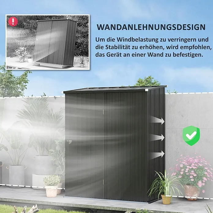 SONNENH Gerätehaus - Außenbreite inkl. Dachüberstand: 161,5 cm, Außentiefe inkl. Dachüberstand: 94,5 cm, Stahl, Schwarz