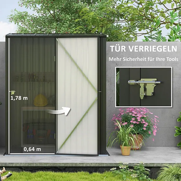 SONNENH Gerätehaus - Außenbreite inkl. Dachüberstand: 161,5 cm, Außentiefe inkl. Dachüberstand: 94,5 cm, Stahl, Schwarz
