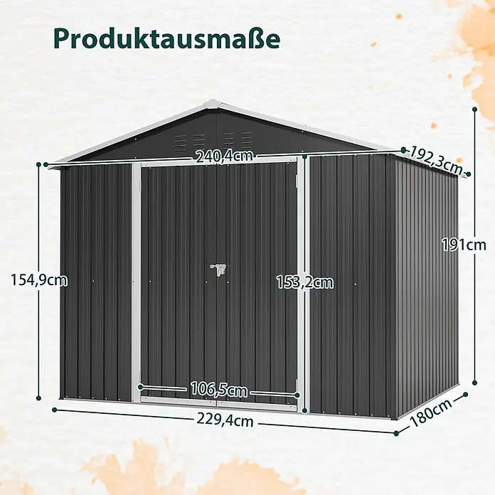 SONNENH Gerätehaus - Außenbreite inkl. Dachüberstand: 240,4 cm, Außentiefe inkl. Dachüberstand: 192,3 cm, Metall, Schwarz