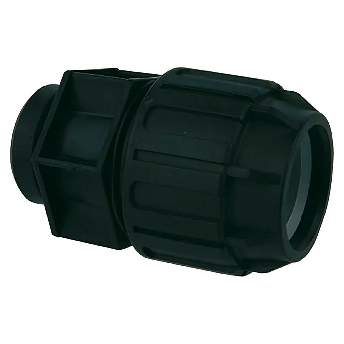 HDPE-Übergangsstück - Durchmesser: 20 mm, Innengewinde: ½″, Polypropylen - Schwarzes Kunststoffrohrverbindungsstück für die Installation von Rohrsystemen, robust und zuverlässig für verschiedene Anwendungen.