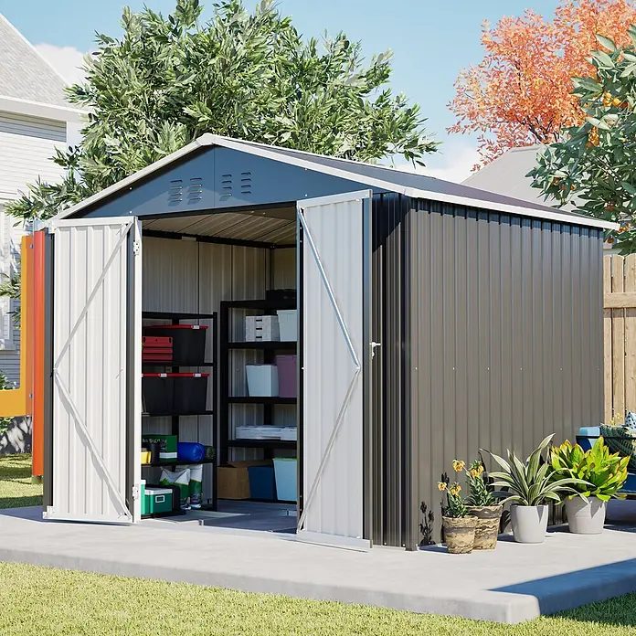 SONNENH Gerätehaus - Außenbreite inkl. Dachüberstand: 240,4 cm, Außentiefe inkl. Dachüberstand: 192,3 cm, Metall, Schwarz