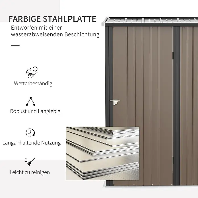SONNENH Gerätehaus - Außenbreite inkl. Dachüberstand: 161,5 cm, Außentiefe inkl. Dachüberstand: 94,5 cm, Stahl, Braun