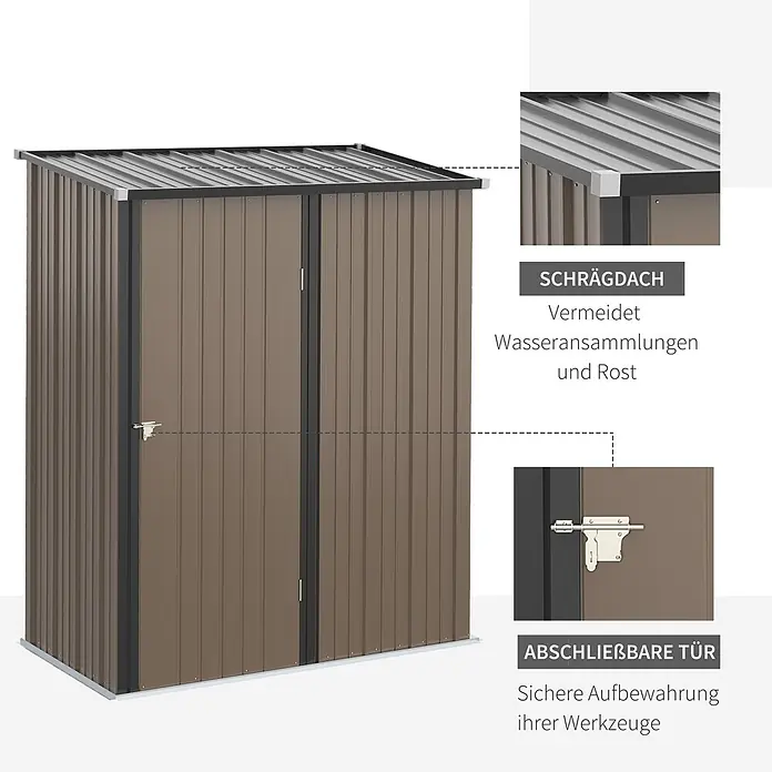 SONNENH Gerätehaus - Außenbreite inkl. Dachüberstand: 161,5 cm, Außentiefe inkl. Dachüberstand: 94,5 cm, Stahl, Braun