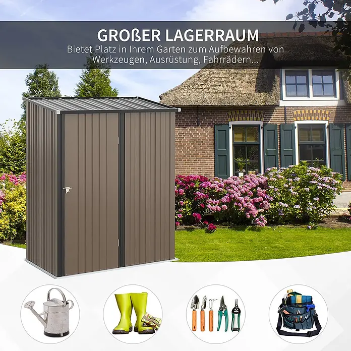 SONNENH Gerätehaus - Außenbreite inkl. Dachüberstand: 161,5 cm, Außentiefe inkl. Dachüberstand: 94,5 cm, Stahl, Braun