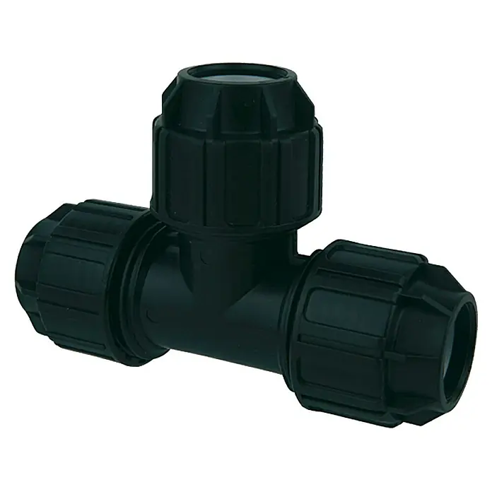 HDPE-T-Verbindungsstück - 3 x 25 mm, Polypropylen - Abbildung eines schwarzen T-Stück-Rohrverbinders, der in Sanitär- und Bewässerungssystemen verwendet wird, um Rohre zu verbinden und zu verzweigen.