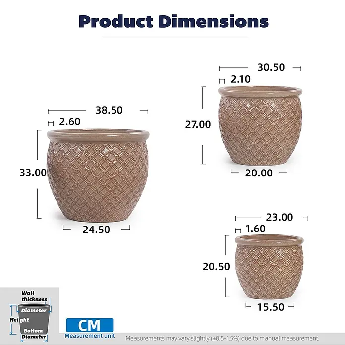 SONNENH Pflanztopf - 1 Stk., Keramik, Beige - Drei braune Keramik-Pflanzgefäße mit gemusterter Oberfläche, alle Maße in Zentimetern angegeben.